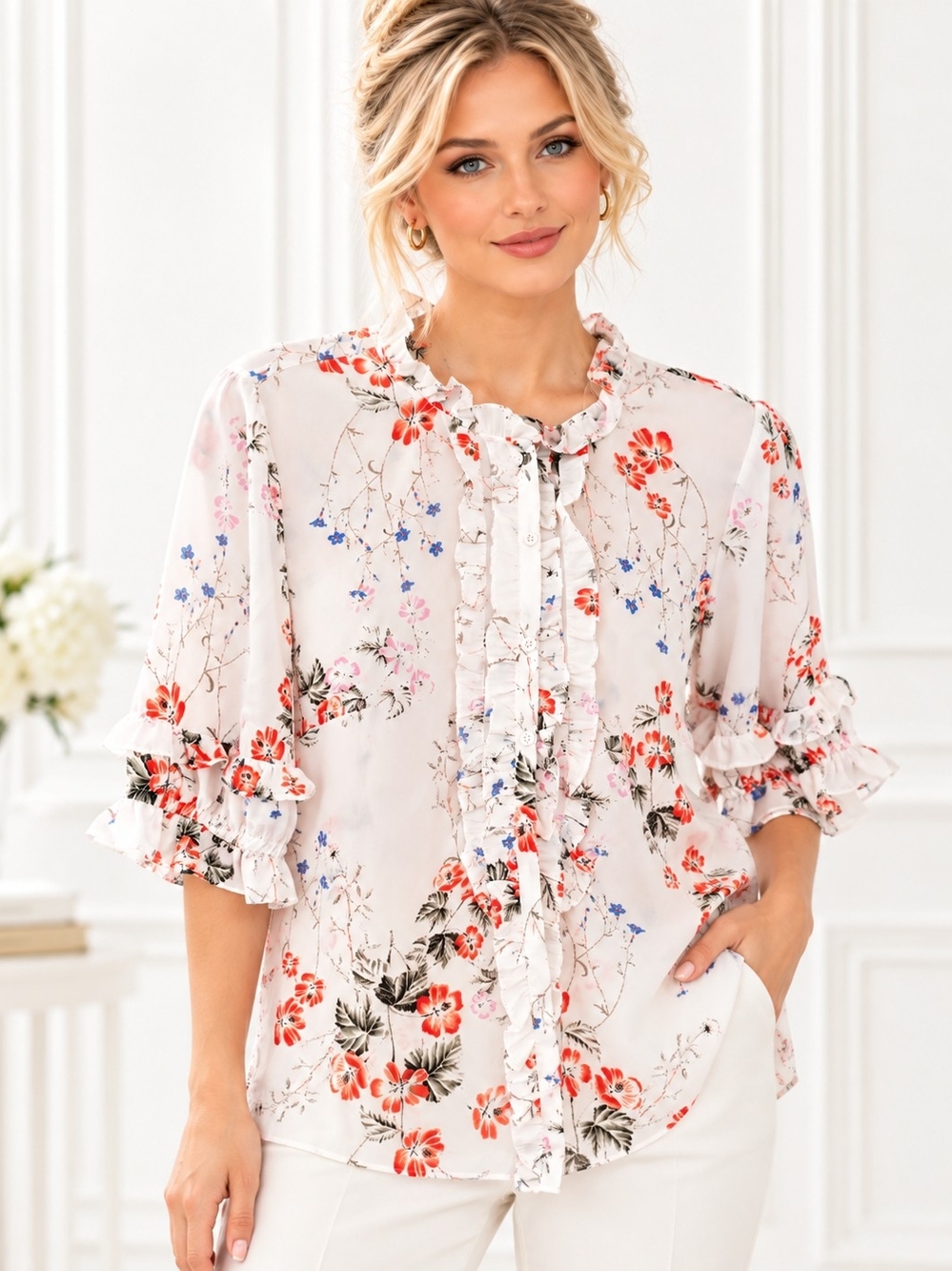 Floral Ruffle Button Front Blouse Romantic Sheer Top See Description For Sizing